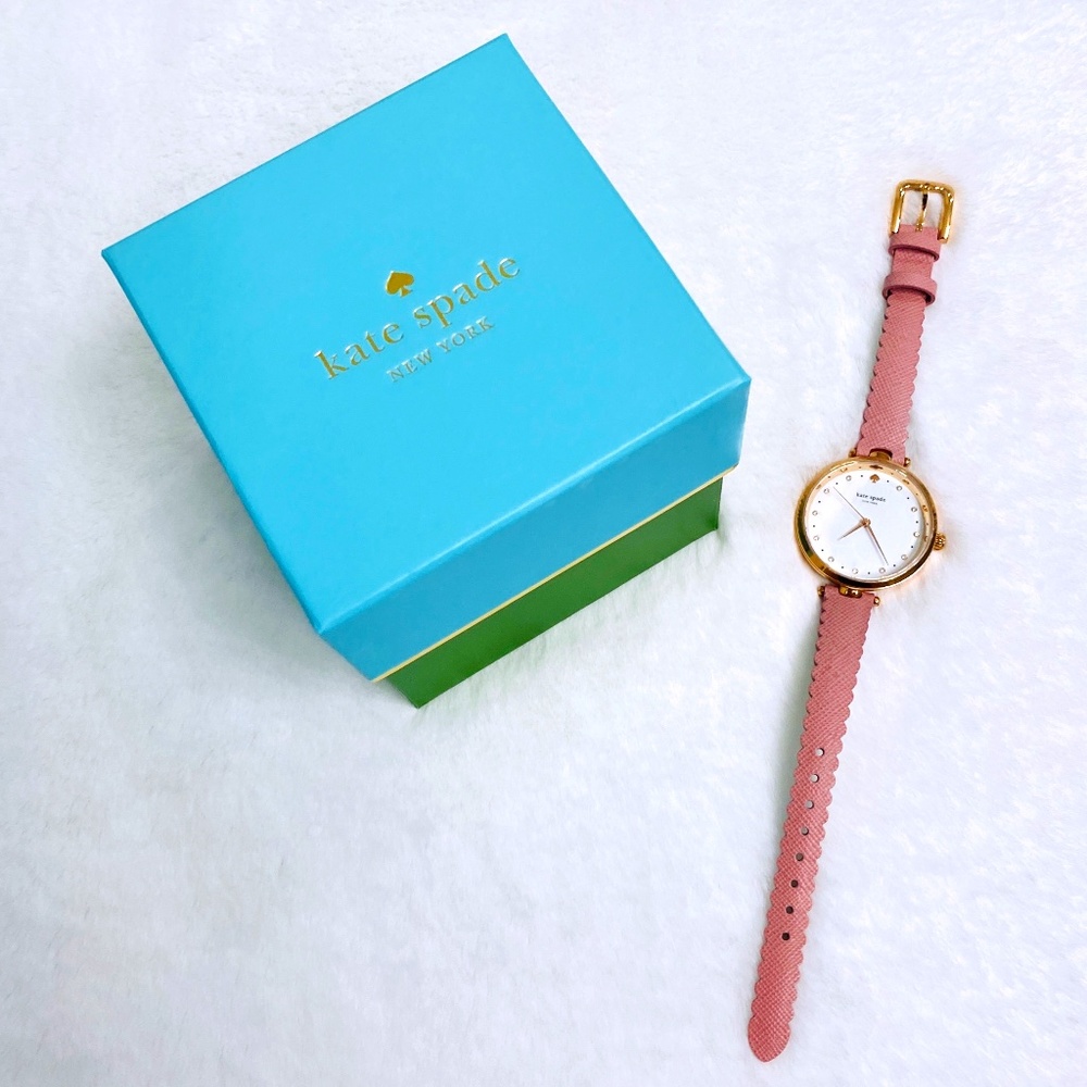 NEW KATE SPADE Gold Tone Watch with Pink Scalloped Leather Strap
